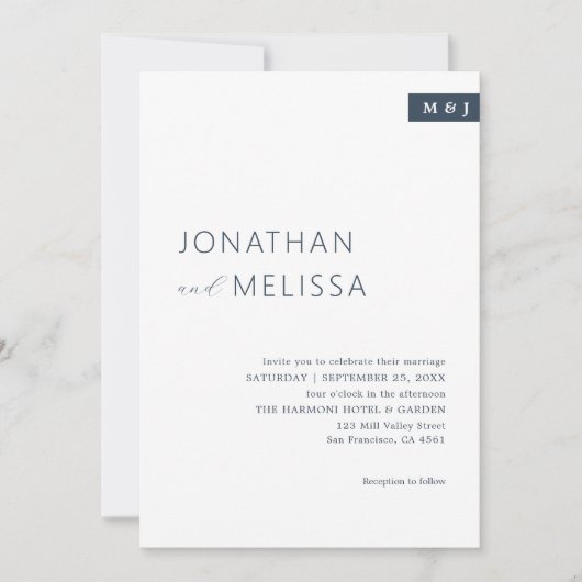 Klassische White & Navy Blue Monogram Script Hochz Einladung (Vorderseite)