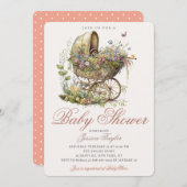 Klassische Wicker Stroller Floral Girl Babydusche Einladung (Vorne/Hinten)