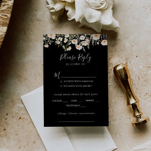 Klassische Wildblume Black Wedding Menü UAWG RSVP Karte