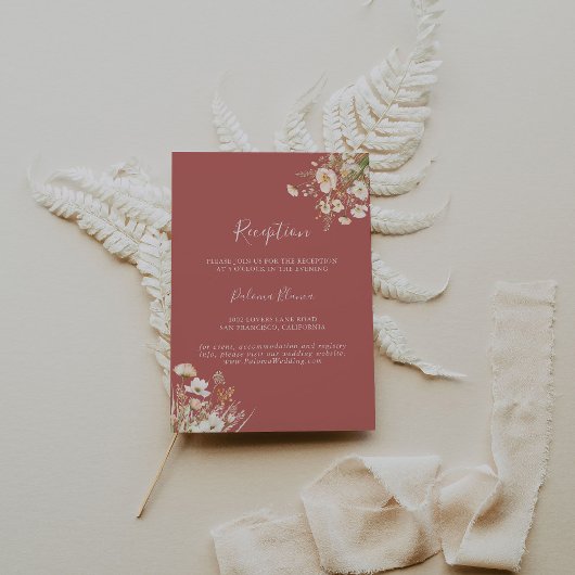 Klassische Wildblume Boho Blush Hochzeitsempfang Begleitkarte