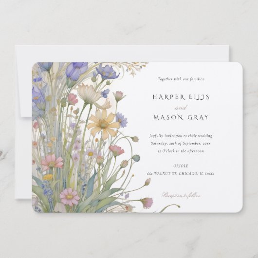 Klassische Wildblumen Elegante Pastel Hochzeit Ein Einladung (Vorderseite)