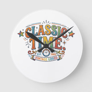Klassische Zeit – Vintage-Uhr-Kunst-T-Shirt Runde Wanduhr