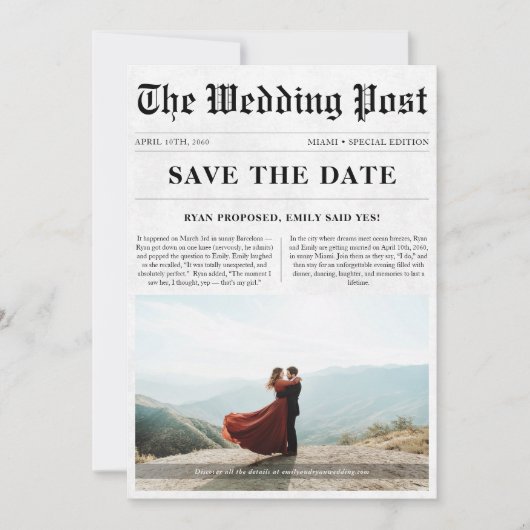 Klassische Zeitung Stil Romantisches Foto Hochzeit Save The Date (Vorderseite)