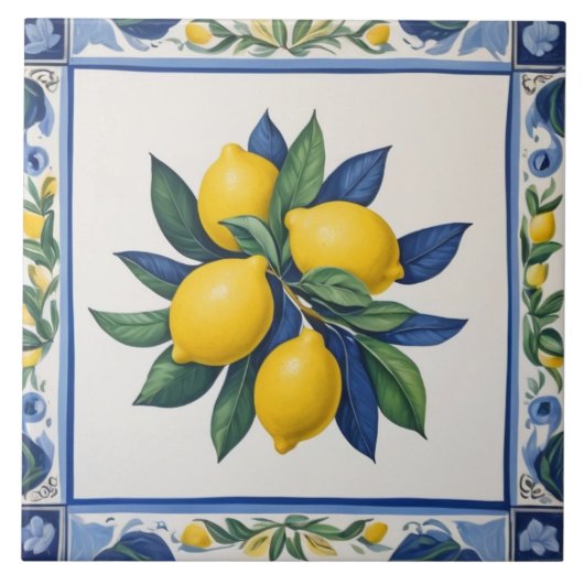 Klassische Zitronen Blau Grün Gelb Weiß Traditione Fliese (Vorderseite)