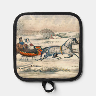Klassischer 1853 Schlittenfahrt Currier Ives Lands Topflappen