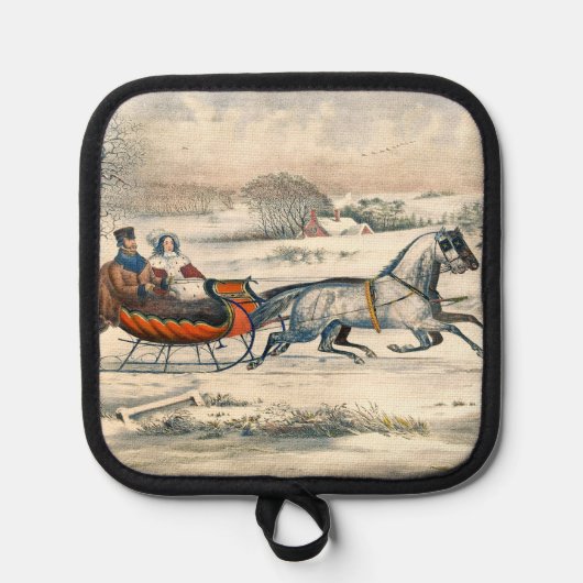 Klassischer 1853 Schlittenfahrt Currier Ives Lands Topflappen (Vorderseite)