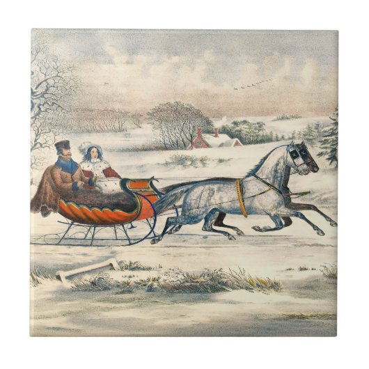 Klassischer 1853 Schlittenfahrt Currier Ives Straß Fliese (Vorderseite)