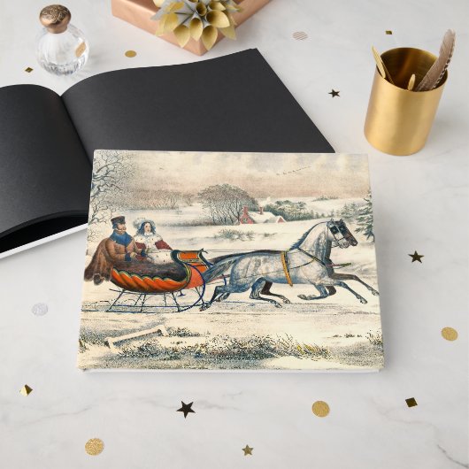 Klassischer 1853 Schlittenfahrt Currier Ives Straß Gästebuch (Vorderseite Offen)