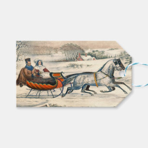 Klassischer 1853 Schlittenfahrt Currier Ives Straß Geschenkanhänger