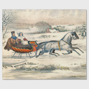 Klassischer 1853 Schlittenfahrt Currier Ives Straß Geschenkpapier