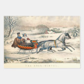 Klassischer 1853 Schlittenfahrt Currier Ives Straß Geschenkpapier Set (Vorderseite 3)