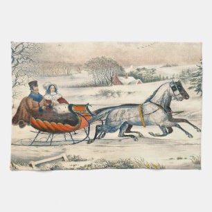 Klassischer 1853 Schlittenfahrt Currier Ives Straß Geschirrtuch