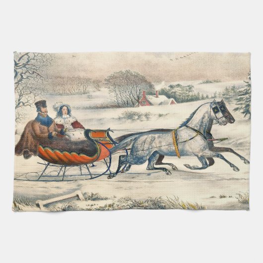 Klassischer 1853 Schlittenfahrt Currier Ives Straß Geschirrtuch (Horizontal)