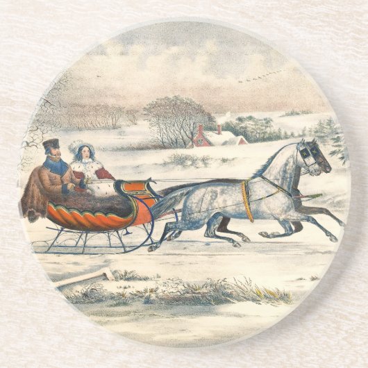 Klassischer 1853 Schlittenfahrt Currier Ives Straß Getränkeuntersetzer (Vorne)