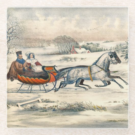 Klassischer 1853 Schlittenfahrt Currier Ives Straß Glasuntersetzer (Vorderseite)