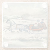 Klassischer 1853 Schlittenfahrt Currier Ives Straß Glasuntersetzer (Rückseite)