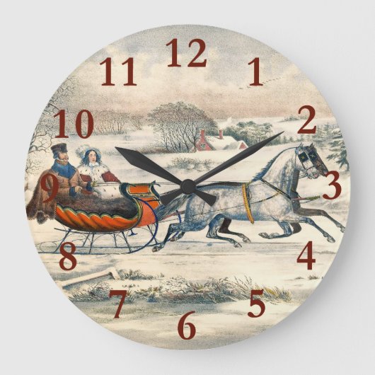 Klassischer 1853 Schlittenfahrt Currier Ives Straß Große Wanduhr (Vorderseite)