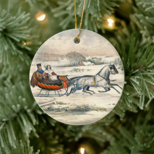 Klassischer 1853 Schlittenfahrt Currier Ives Straß Keramik Ornament