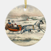 Klassischer 1853 Schlittenfahrt Currier Ives Straß Keramik Ornament (Vorne)