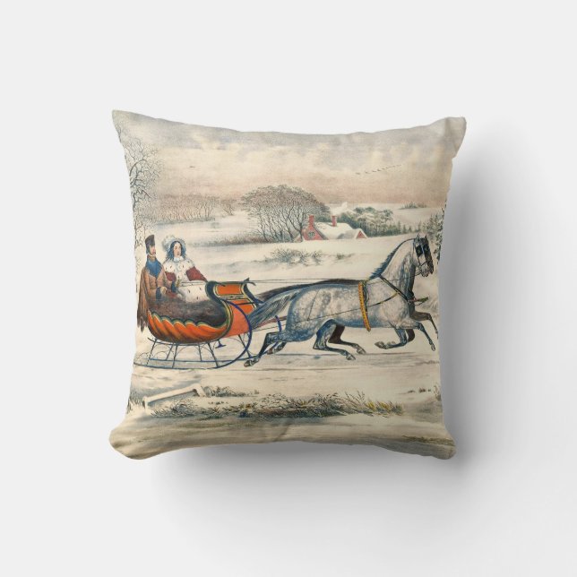 Klassischer 1853 Schlittenfahrt Currier Ives Straß Kissen (Vorderseite)