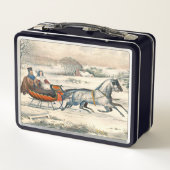 Klassischer 1853 Schlittenfahrt Currier Ives Straß Metall Brotdose (Rückseite)