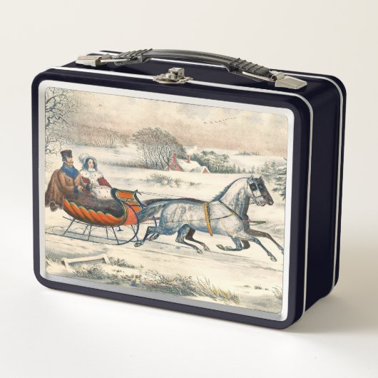 Klassischer 1853 Schlittenfahrt Currier Ives Straß Metall Brotdose (Vorderseite)