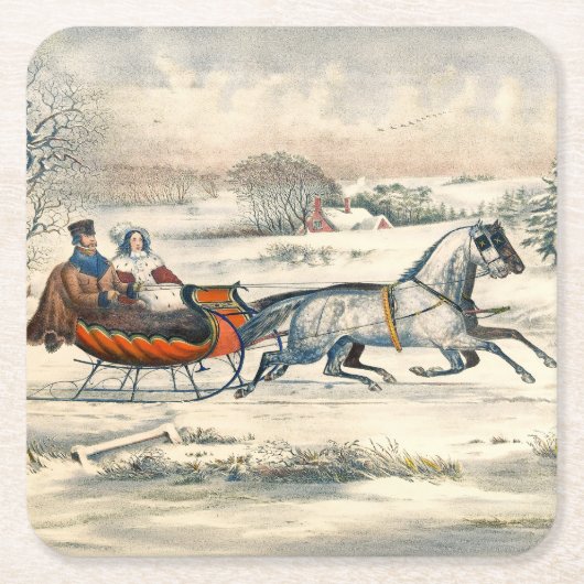 Klassischer 1853 Schlittenfahrt Currier Ives Straß Rechteckiger Pappuntersetzer (Vorderseite)