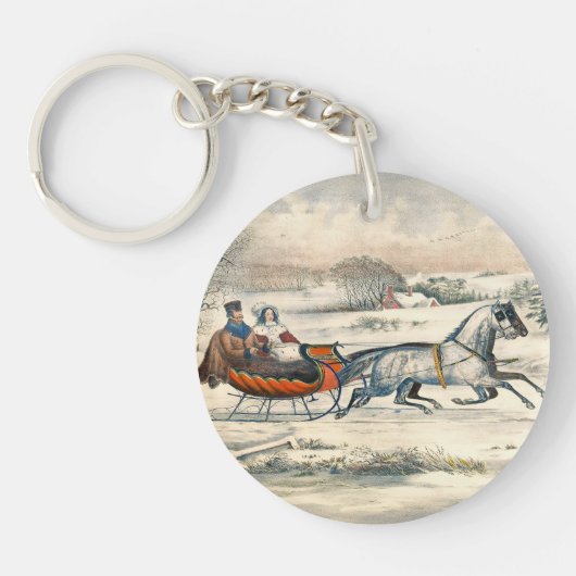 Klassischer 1853 Schlittenfahrt Currier Ives Straß Schlüsselanhänger (Vorderseite)