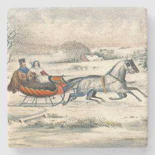 Klassischer 1853 Schlittenfahrt Currier Ives Straß Steinuntersetzer