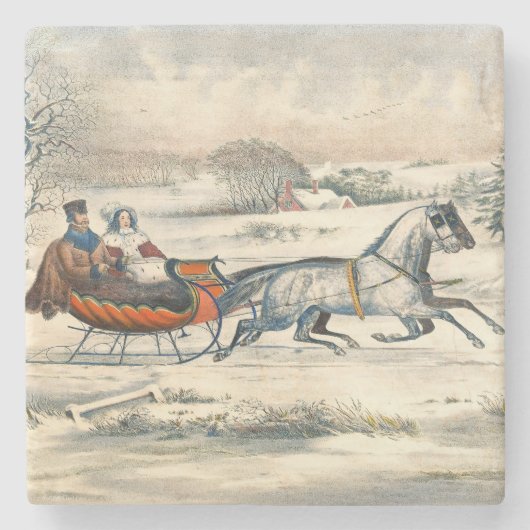 Klassischer 1853 Schlittenfahrt Currier Ives Straß Steinuntersetzer (Vorderseite)