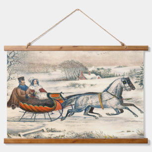 Klassischer 1853 Schlittenfahrt Currier Ives Straß Wandteppich Mit Holzrahmen