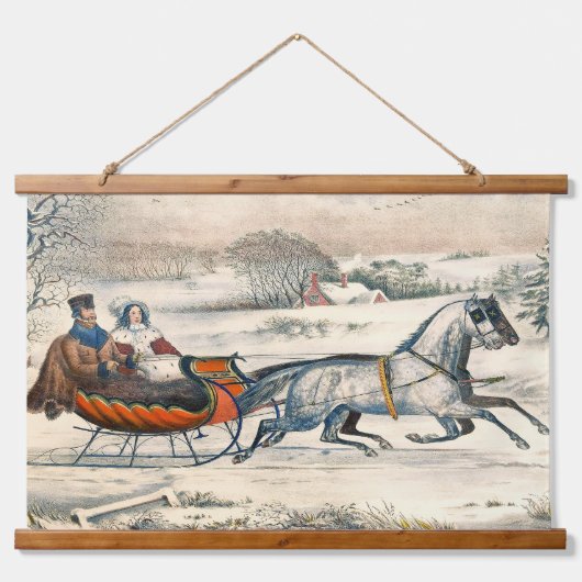 Klassischer 1853 Schlittenfahrt Currier Ives Straß Wandteppich Mit Holzrahmen (Vorne)