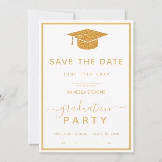 Klassischer Abschluss in Weiß und Gold Save the Da Einladung (Vorderseite)