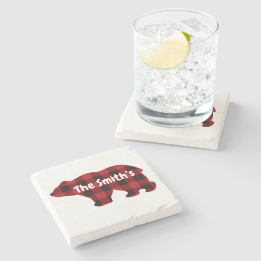 Klassischer Bärendesign Roter Büffel kariert Steinuntersetzer (Seitenansicht)