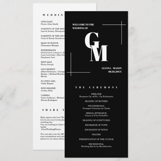 Klassischer Black Modern Chic Monogram QR Code Hoc Programm (Vorne/Hinten)