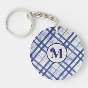 Klassischer blau-grauer Karo-Monogramm-Schlüsselan Schlüsselanhänger