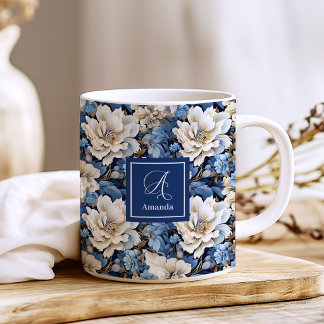 Klassischer Blau Weiß Blumen individuell benannter Kaffeetasse