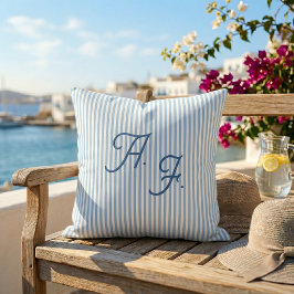 Klassischer Blau-Weiß-Streifen Küsten-Monogramm-Wu Kissen
