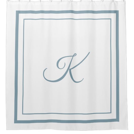 Klassischer blauer Border Script Monogram Shower V Duschvorhang (Vorderseite)
