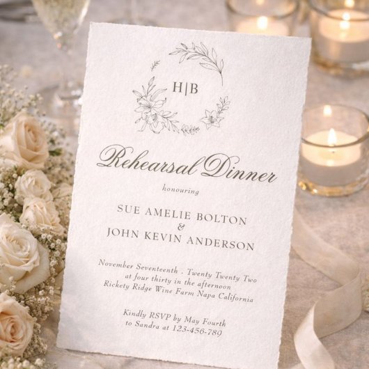 Klassischer Blumenkranz-Monogramm-Hochzeit Einladung