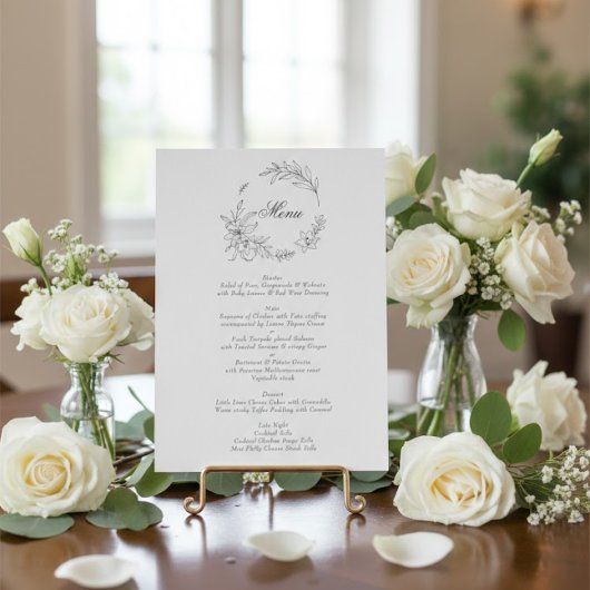Klassischer Blumenkranz-Monogramm-Hochzeit Menükarte