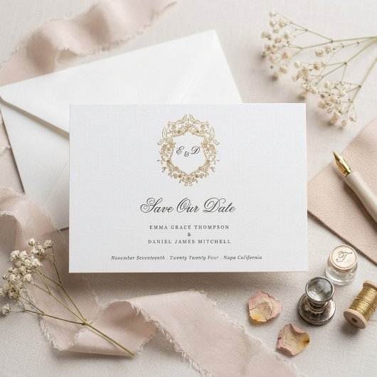 Klassischer Blumenkranz-Monogramm-Hochzeit Save The Date