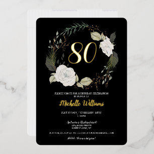 Klassischer Blumenkranz zum 80. Geburtstag in Gold Folieneinladung