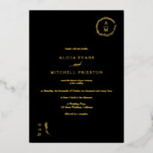 Klassischer, blumenschwarzer Monogramm Hochzeitsbo Folieneinladung (Vorderseite)