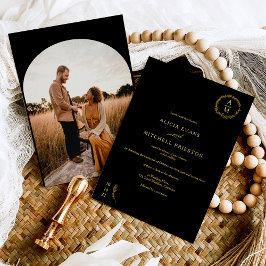 Klassischer, blumenschwarzer Monogramm Hochzeitsbo Folieneinladung