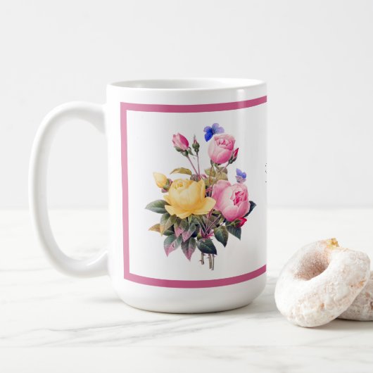 Klassischer Blütenrosa Gelbe Rosen Lila Schmetterl Kaffeetasse (Mit Donut)