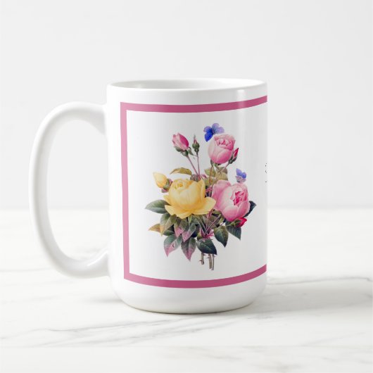 Klassischer Blütenrosa Gelbe Rosen Lila Schmetterl Kaffeetasse (Links)