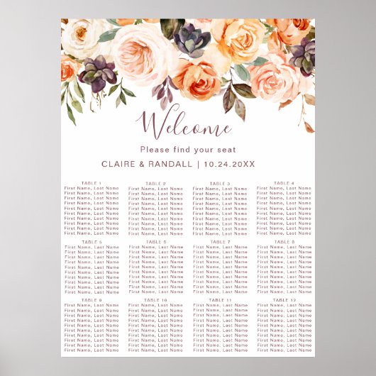 Klassischer Boho-Blumen-Hochzeits-Sitzplan Poster (Vorne)