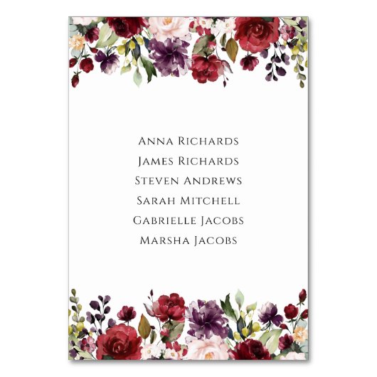 Klassischer Burgunder Blumenempfang Tischnummer (Rückseite)