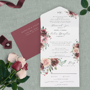 Klassischer Burgunder-Rosé-Rosen- und Pfingstrosen All In One Einladung